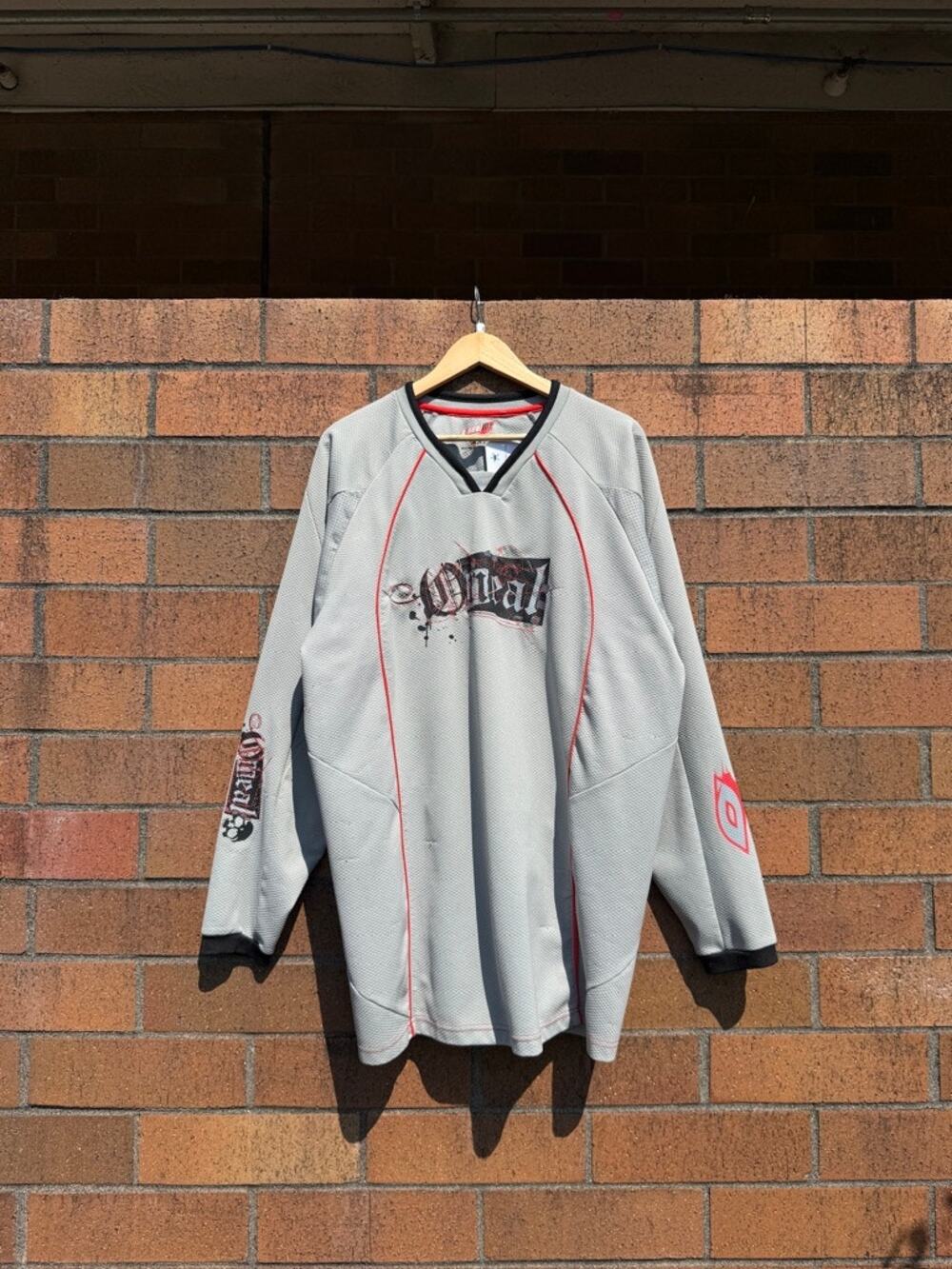 Y2K O'Neal Vintage Moto Jersey Grey Red Black Skull Motocross Fox Racing Torq
